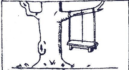 Bench swinging from three ropes.